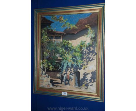 An Oil on canvas of a Spanish Hacienda with tethered Donkeys in dappled light, 53 x 42 cms