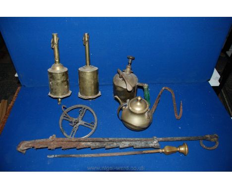 A box of metal items including two sets of brass Salters scales, iron spit jack and attachments, brass teapot and a brass han