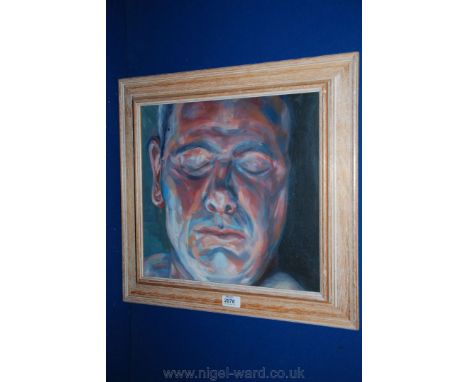 An Oil on canvas of a portrait of a man in the style of Lucien Freud.