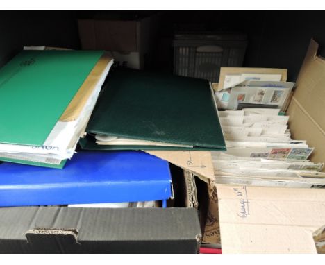 BOX OF MIXED STAMP COLLECTIONS + PACKETS, LOOSE ETC ALL ERAS SEEN   Box of world stamps including GB, Commonwealth etc with b