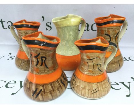 Ten Myott & Son pinched neck pottery jugs, tallest approx 20cm. Shipping category D. NO RESERVE