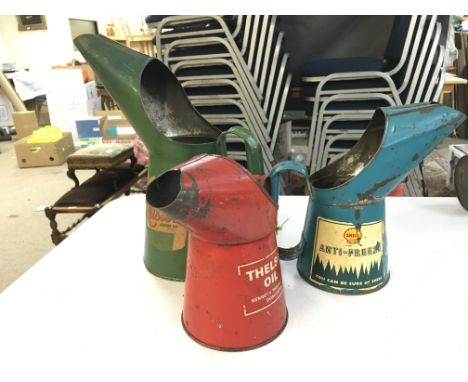 Three vintage oil jugs, castrol, shell, Thelson. No reserve
