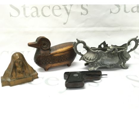Vintage items including a German Fritum starting pistol, Art Nouveau pewter dish, wooden goat box, small Virgin Mary bust, do