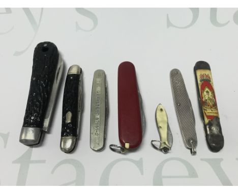 Six pocket knives one with a silver case, Witness, Richards, Victorinox Swiss etc.