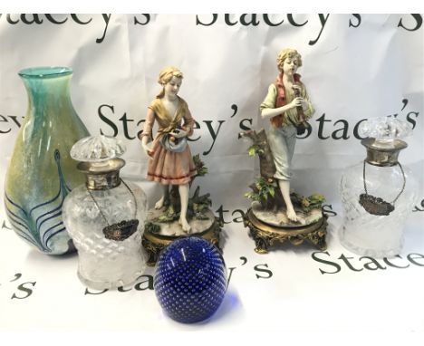 A pair of cut glass silver Hallmarked collared decanters with a pair of classical style Italian porcelain figures (one damage
