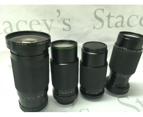 Four vintage cameras lenses- Sigma 210mm, MC Cimko 200mm, Hanimex 200mm, Sirius 200mm