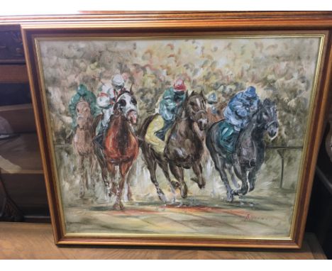 A framed Anthony Vecchio Horse Racing oil painting 67x57cm