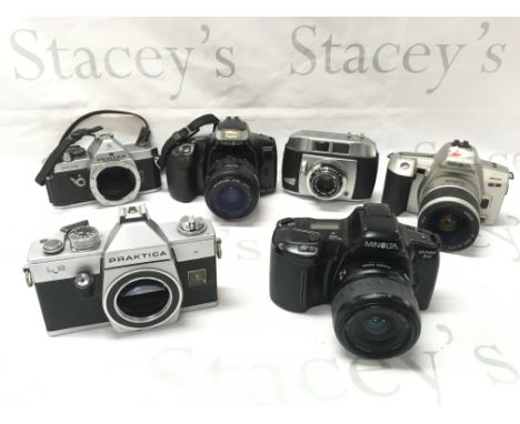 Various vintage cameras including Minolta 360si, Baldessa I, Minolta Dynax 300si, Pentax MX, Praktica L2. Postage category C