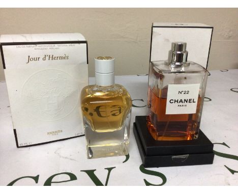 A Vintage bottle of 200ml Chanel No 22 perfume in a fitted box partly used and a bottle of Hermes Paris Perfume 85ml (2)