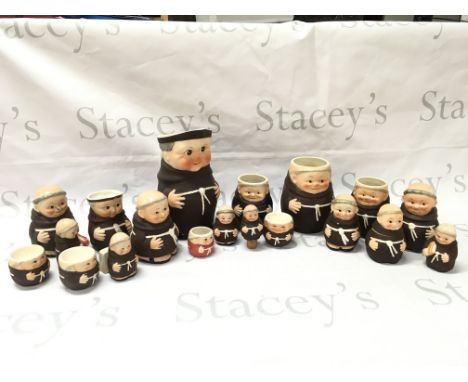 A collection of Goebel ceramic Friar Tuck monk figures, Rye Pottery cats and a Stockholm . This lot cannot be posted