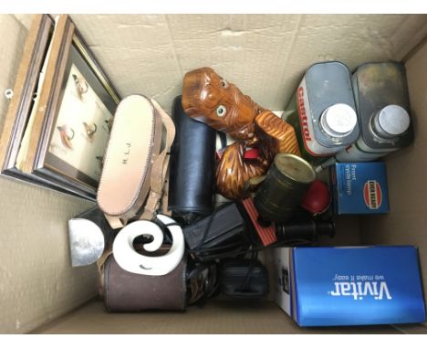 A collection of items including binoculars Carl Zeiss Jena Deltrintem 8x30, Ensign Ful vue camera, castrol oil cans, framed f