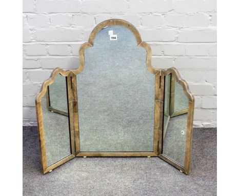 An early 20th century arch topped ivory banded shagreen triptych dressing mirror, 72cm high x 84cm wide, together with a bur 