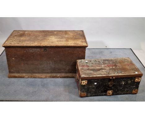An early 20th century pine trunk, 94cm wide x 44cm high, with a quantity of carpentry tools within and another smaller tool b