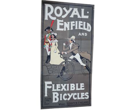 Tom Browne 'Royal Enfield and Flexible Bicycles', circa 1920, six piece lithograph colours, 295cm x 146cm. 