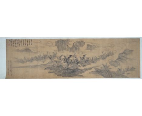  A Chinese school scroll painting of an extensive landscape, pen, ink and grey wash on silk,  signed, 38cm. by 129cm., boxed,