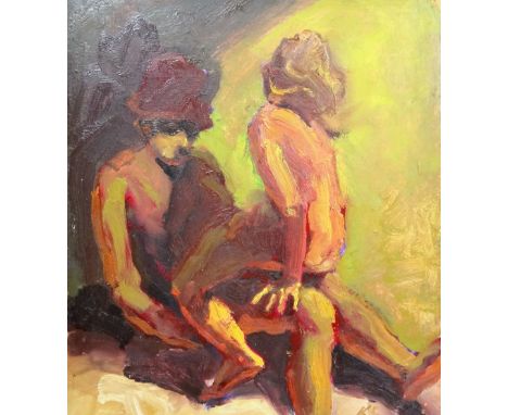 K** S** (20th century), Figures, oil on board, signed with initials, 29cm x 26cm.