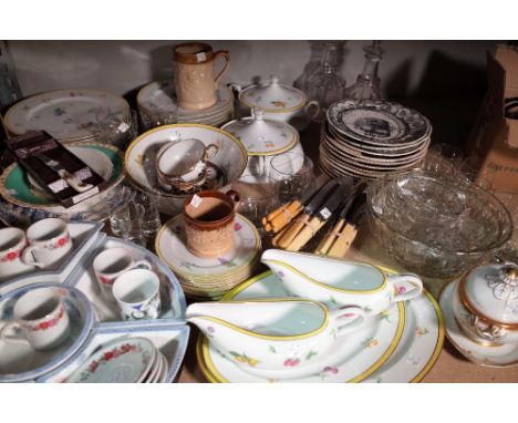 Ceramics and glass, mainly 20th century, including parts of a dinner service, glass decanters, plates, bowls and sundry. S2M