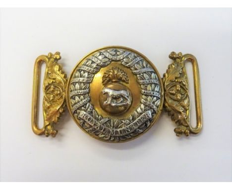 A Royal Munster Fusiliers Officer's waist belt buckle, 1881-1910, formed as a central grenade with a tiger, in a wreath surro