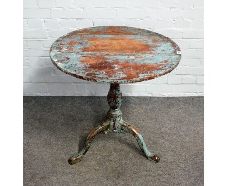 A George III later blue painted oak snap top circular tripod occasional table, 73cm deep x 71cm high. 