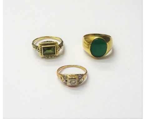 A gold ring, mounted with five small circular cut diamonds, a gold and stained green agate set oval signet ring, detailed 585