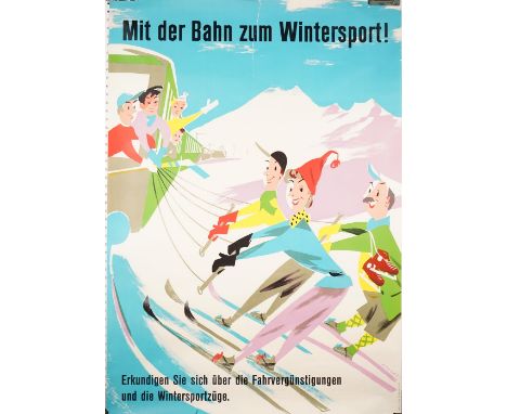 Austrian skiing / tourism poster, Mit der Bahn Zum Wintersport, circa 1950, lithograph in colours, Gusset Druck; Hug &amp; So