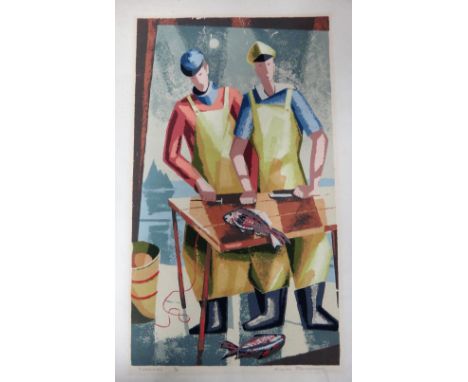 Priscilla Montgomery (20th century), Fishermen, colour lithograph, signed, inscribed and numbvered 4/20, unframed, 48cm x 27c