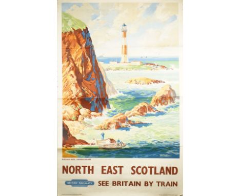 British Railways vintage poster, North East Scotland, circa 1950, indistinctly signed W.C. Nirostron (?), depicting Buchan Ne