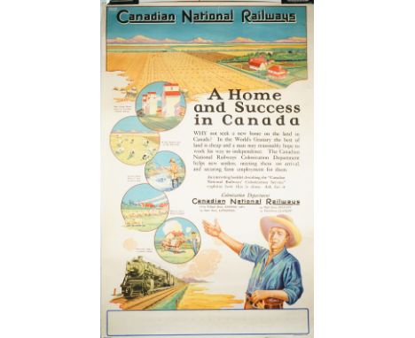 Frank Mann; Canadian National Railways Immigration, circa 1930, lithograph in colours, 101cm x 63cm rolled.