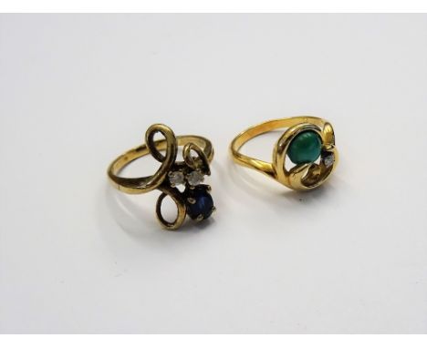 A gold, diamond and turquoise ring, in an abstract design, mounted with a circular cut diamond and with a circular turquoise,