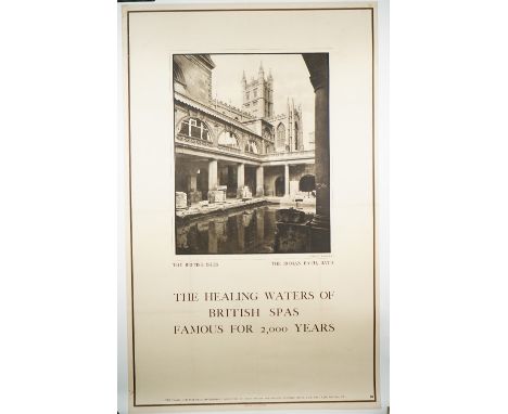 Herbert Lambert, The Roman Bath, Bath, British Tourism poster, lithograph in black and white, circa 1950, The Healing Waters 