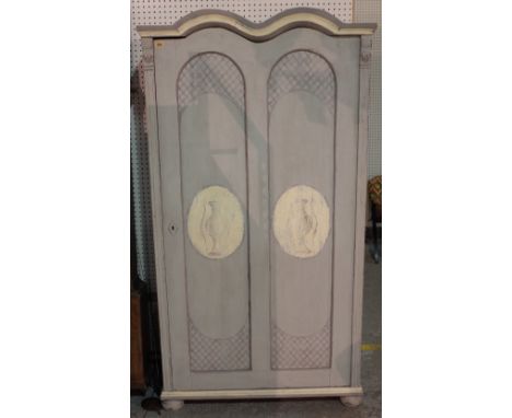 An 18th century style grey painted double arch wardrobe on bun feet, 98cm wide x 183cm high. A3