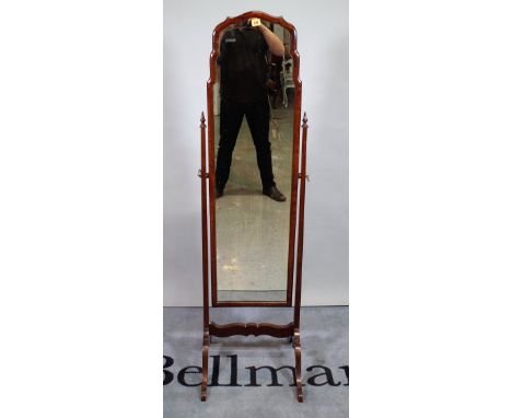 A Queen Anne style stained beech arch top cheval mirror, 46cm wide x 158cm high.  D3 