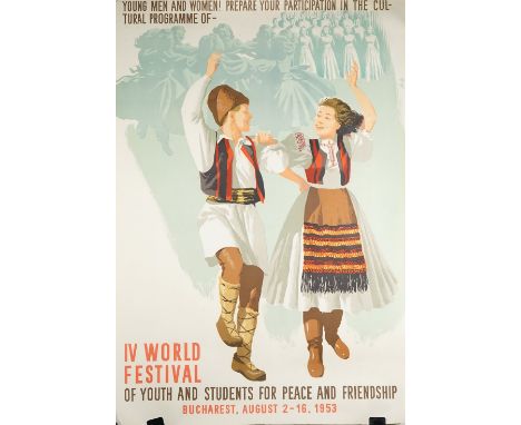 Ten Romanian propaganda posters, indistinctly signed and dated 1953, 'IV World Youth Festival', lithograph in colours, 85cm x