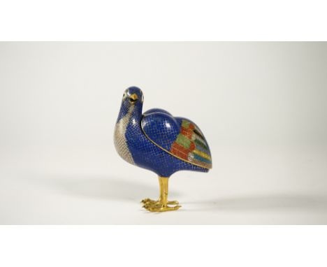 A Chinese cloisonné enamel quail censer and cover, 19th century, the bird standing looking to the left, with blue body and mu