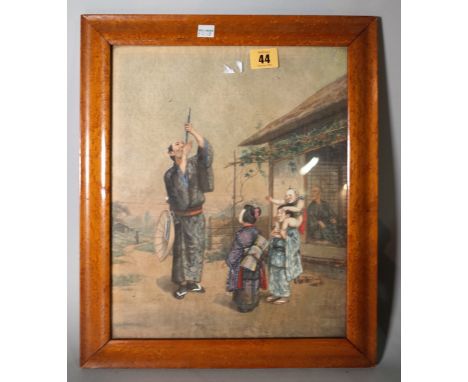 A Japanese watercolour painting on linen, 20th century, painted with a man calling birds while his family look on, 33cm. by 2