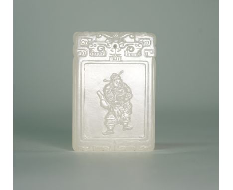 A Chinese white jade rectangular pendant, carved on one side with a warrior, the reverse with rows of calligraphy, 5.75cm. hi