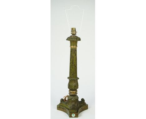 A Victorian style gilt metal table lamp of Corinthian column form with later distressed green paint, 46cm high.