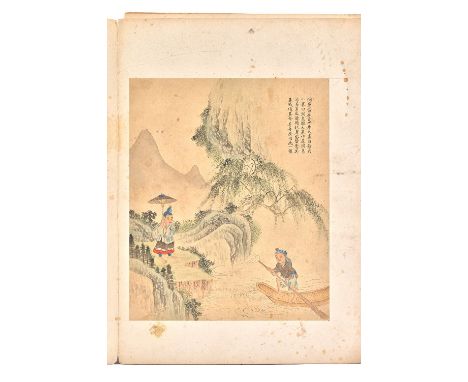 A concertina album of ten Chinese watercolour paintings on paper, 19th/20th century, each painting with figures in a landscap