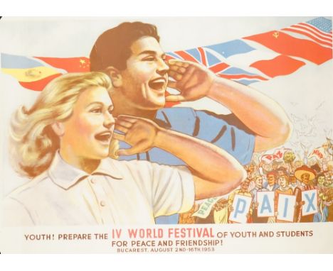 Thirteen copies of 'IV World Festival of Youth and student, Bucarest 1953' lithograph in colours 58cm x 41cm, rolled, (13).