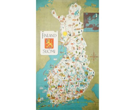 Unknown artist; 'Finland Suomi' vintage tourism map/poster, 1949, lithograph in colours, 84cm x 47cm, rolled.