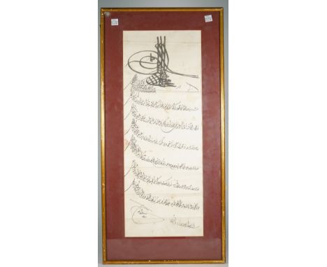 An Ottoman firman bearing the tughra of Sultan Mahmud I ( r. 1730-54), eight lines of Diwani script in black ink on paper, da