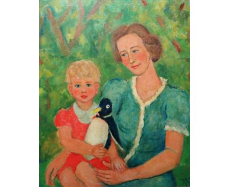 Jean-Georges Simon (1894-1968), Mother and child with toy penguin, oil on canvas, signed with initials and dated '53, 80cm x 