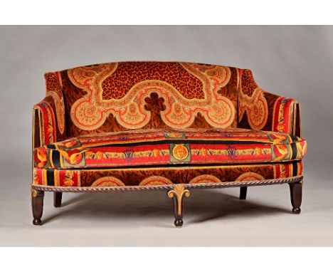 An early 19th century Continental style salon suite with Versace upholstery to comprise sofa, 160cm wide x 85cm high, pair of