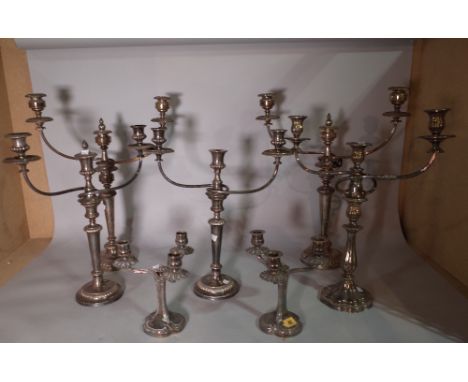 Silver plated wares; three pairs of twin branch candelabra, a single candelabra and a quantity of candelabra branches.  S5T