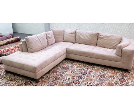 Natuzzi; a modern brushed suede upholstered corner sofa, on block supports, 230cm x 275cm. 