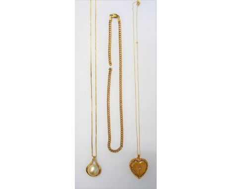 A gold and diamond set heart shaped pendant locket, detailed 14 K to the suspension ring, with a gold neckchain, a gold and m