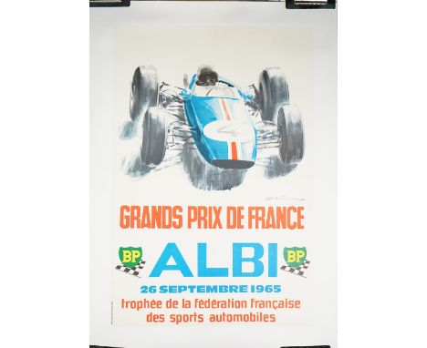 Beligand 'Grand Prix France Albi 1965', motor racing, lithograph in colours, 59cm x 40cm, laid to linen. 