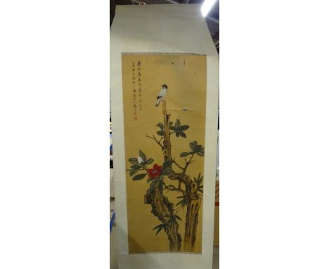 Asian scrolls, comprising; a bird on blossom, a scroll with 33 temple seals, a modern Chinese scroll of a bird in a tree, a l