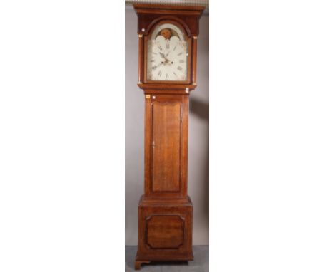 An 18th century 8 day oak longcase clock with arch top 13 inch dial, 217cm high(two weights and one pendulum).