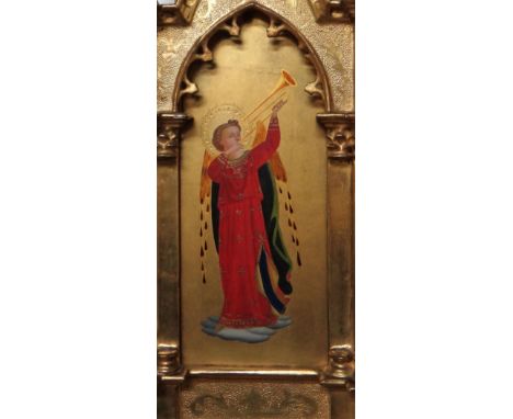 After Fra Angelico, An angel with bugle, oil on gold ground within a giltwood framed tabernacle icon, overall saize 49cm x 19